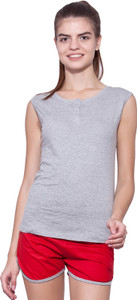 Ap'pulse Solid Women Henley Neck Grey T-Shirt
