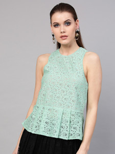 SASSAFRAS Casual No Sleeve Lace Women Blue Top