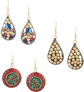 Divastri Handmade Tibetan Traditional COMBO of 3 Pairs Gold Plated Red/Golden/Multicolor Dangler Earrings Metal Drops & Danglers
