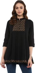 Idalia Casual 3/4 Sleeve Embroidered Women Black Top