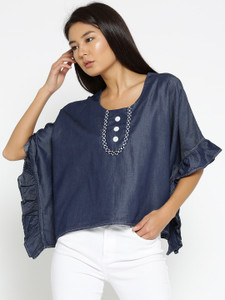 NOI Casual Kaftan Sleeve Solid Women Dark Blue Top