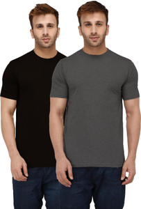 London Hills Solid Men Round Neck Black, Grey T-Shirt
