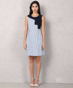 METRONAUT Women Pleated White, Blue, Black Above Knee/Mid Thigh Length Dress