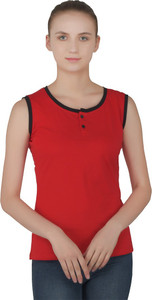 tfurnish Self Design Women Henley Neck Red T-Shirt