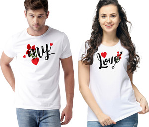 ATHLETIQO Printed Couple Round Neck White T-Shirt