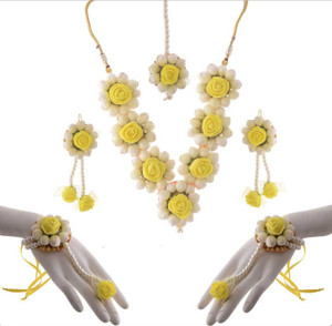 paribhasha Fabric Yellow, White Jewellery Set