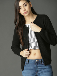 Roadster Woven High Neck Casual Women Black Sweater