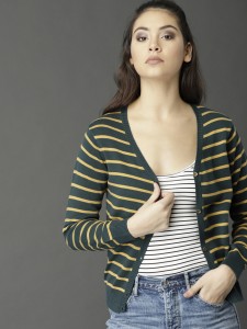 Roadster Striped V Neck Casual Women Green Sweater