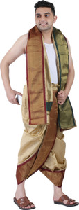 Prakasam Cotton Art silk Men's Beige Colour Panchakacham Readymade dhoti & towel set with pocket Solid Men Dhoti