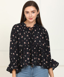 Tokyo Talkies Casual Bell Sleeve Printed Women Black Top