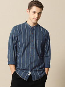 Mr Bowerbird Men Striped Casual Dark Blue Shirt