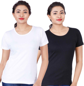 Fleximaa Solid Women Round Neck White, Black T-Shirt