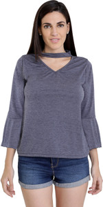 Chimpaaanzee Casual Bell Sleeve Solid Women Grey Top