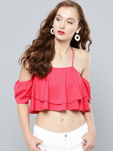 VENI VIDI VICI Casual Cold Shoulder, Noodle Strap, Half Sleeve, Shoulder Strap, Short Sleeve, Flared Sleeve Self Design, Solid Women Pink Top