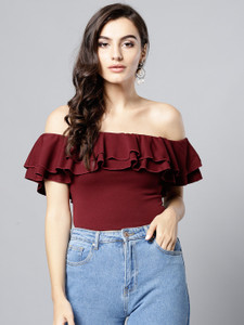 VENI VIDI VICI Party Layered Sleeve Solid Women Maroon Top