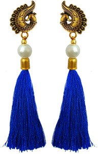 rich & famous Peacock Style Stylish Long Blue Pearl Metal Tassel Earring
