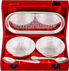 Shreeng Silver Plated 2 Flower Bowl With Spoon With Tray Brass Decorative Platter