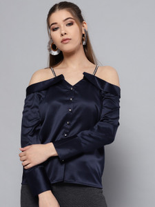 STREET9 Casual Shoulder Strap Solid Women Blue Top