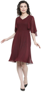 Color Cocktail Women Fit and Flare Maroon Knee Length Dress