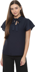 VAN HEUSEN Casual Short Sleeve Solid Women Dark Blue Top
