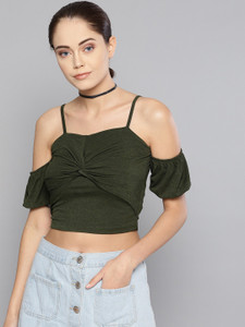 VENI VIDI VICI Casual Cold Shoulder Solid Women Green Top