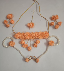 paribhasha Fabric Orange, White Jewellery Set