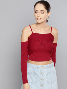 VENI VIDI VICI Casual Cold Shoulder Solid Women Red Top