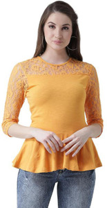KASSUALLY Casual 3/4 Sleeve Solid Women Orange Top