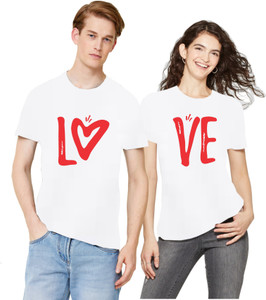 RS Print Printed Couple Round Neck White T-Shirt