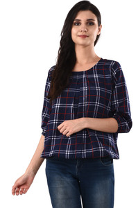 RNU CREATIONS Casual Puff Sleeve Checkered Women Dark Blue, Red, White Top