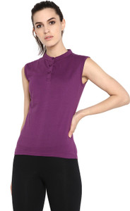 Ap'pulse Solid Women Mandarin Collar Purple T-Shirt