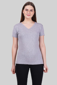 Fleximaa Solid Women V Neck Grey T-Shirt