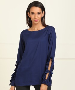 AND Casual Cutout Sleeve Solid Women Dark Blue Top