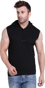 Bi Fashion Solid Men Hooded Neck Black T-Shirt