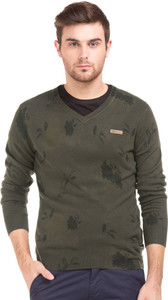 ARROW Printed V Neck Casual Men Green Sweater