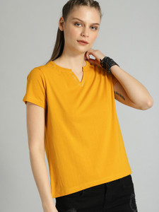 Roadster Solid Women V Neck Yellow T-Shirt