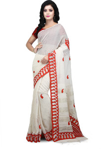 WoodenTant Self Design, Woven, Applique Handloom Pure Cotton Saree