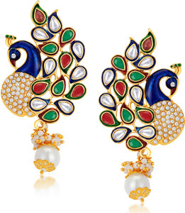 Sukkhi Sukkhi Glorious Pearl Gold Plated Kundan Peacock Meenakari Dangle Earring for Women Alloy Drops & Danglers