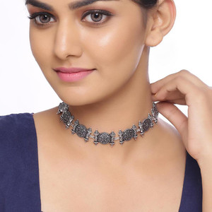 Voylla Nayantara Temple Design Necklace Silver Plated Brass Choker