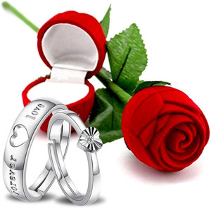 MYKI Valentine's Day Gift Hamper of Couple Ring with Red Rose Stainless Steel Crystal Sterling Silver Plated Ring Set