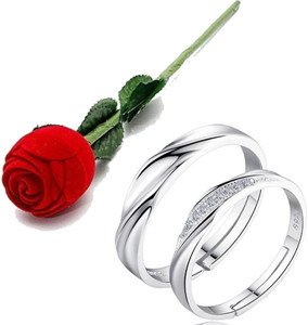 MYKI Propose Day Valentine Couple Adjustable Ring With Red Rose Box Stainless Steel Swarovski Zirconia Sterling Silver Plated Ring Set