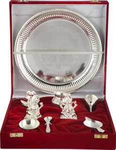GIFTCITY Laxmi Ganesh Puja Thali Set With Lakshmi Ganesh Idol of Polyresin in Velvet Box For Home | Diwali | Wedding Ceremony | House Warrming Polyresin, Silver Plated