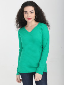 Fleximaa Solid Women V Neck Green T-Shirt