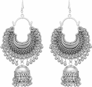 Fashion Factory Beautiful Chandbali Silver Oxidized Afghani Earrings for Women and Girls German Silver Hoop Earring