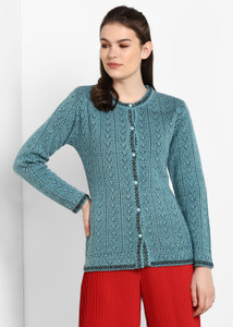 Modeve Graphic Print Crew Neck Casual Women Blue Sweater