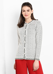 Modeve Graphic Print Crew Neck Casual Women White Sweater