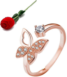 MYKI Beautifully Crafted Rosegold Plated Hollow Wing Butterfly Cubic Zircon Adjustable Ring For Women & Girls with Rose box packing Stainless Steel Cubic Zirconia Gold Plated Ring