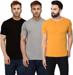 London Hills Solid Men Round Neck Silver, Black, Yellow T-Shirt