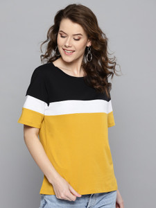 HARPA Colorblock Women Round Neck Yellow T-Shirt