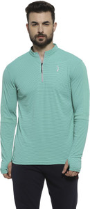 CAMPUS SUTRA Striped Men Mandarin Collar Green T-Shirt